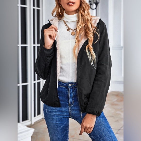 EMERY ROSE Tan Color Teddy Lined Black Hooded Water proof Hooded Jacket 🧥🧸 - Picture 2 of 6